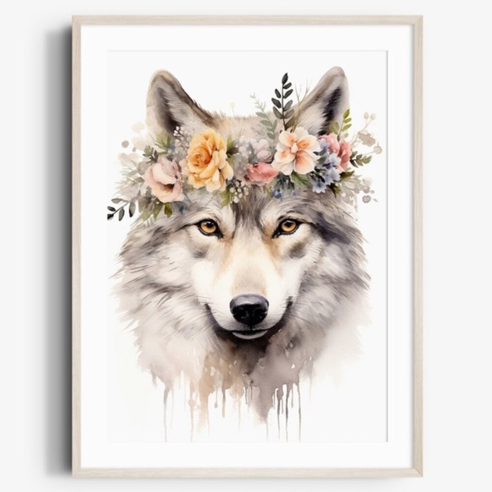 Watercolor Floral Wolf Portrait Wall Art Illustration Print Poster Unframed